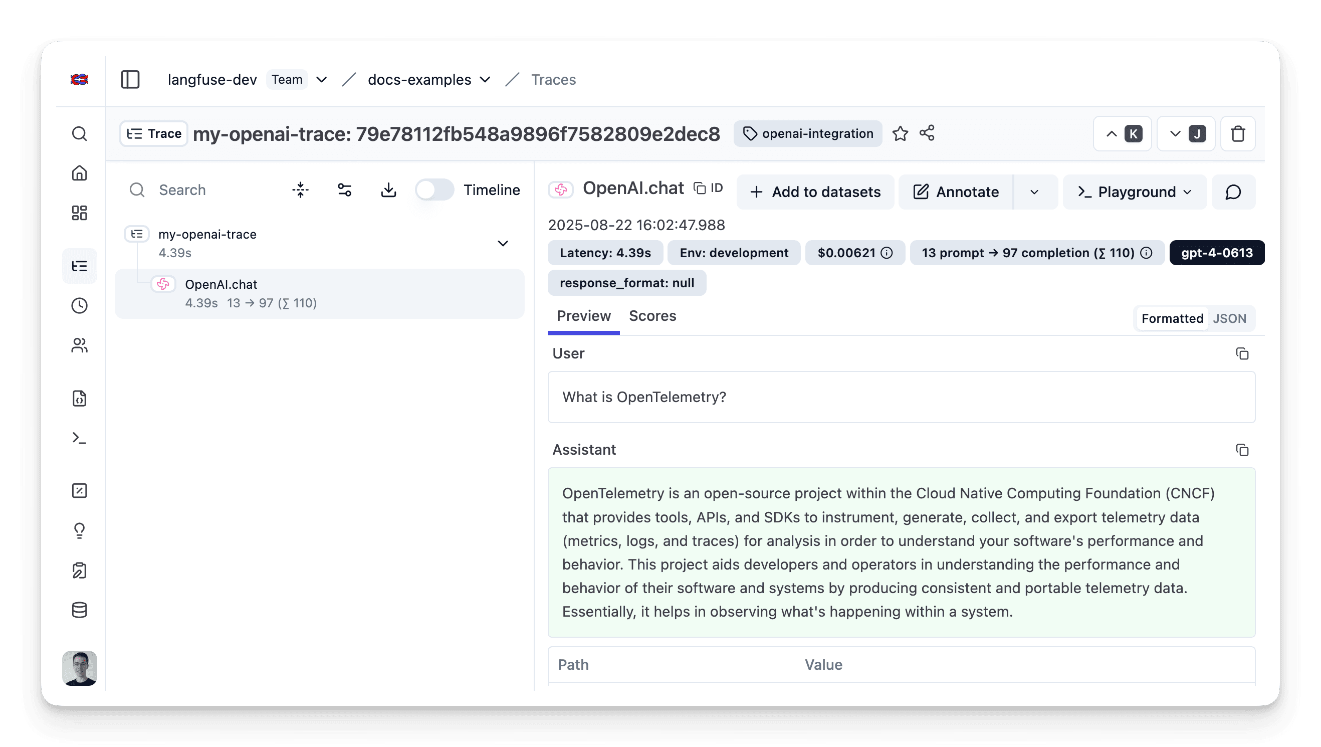 Example trace of the OpenAI generation